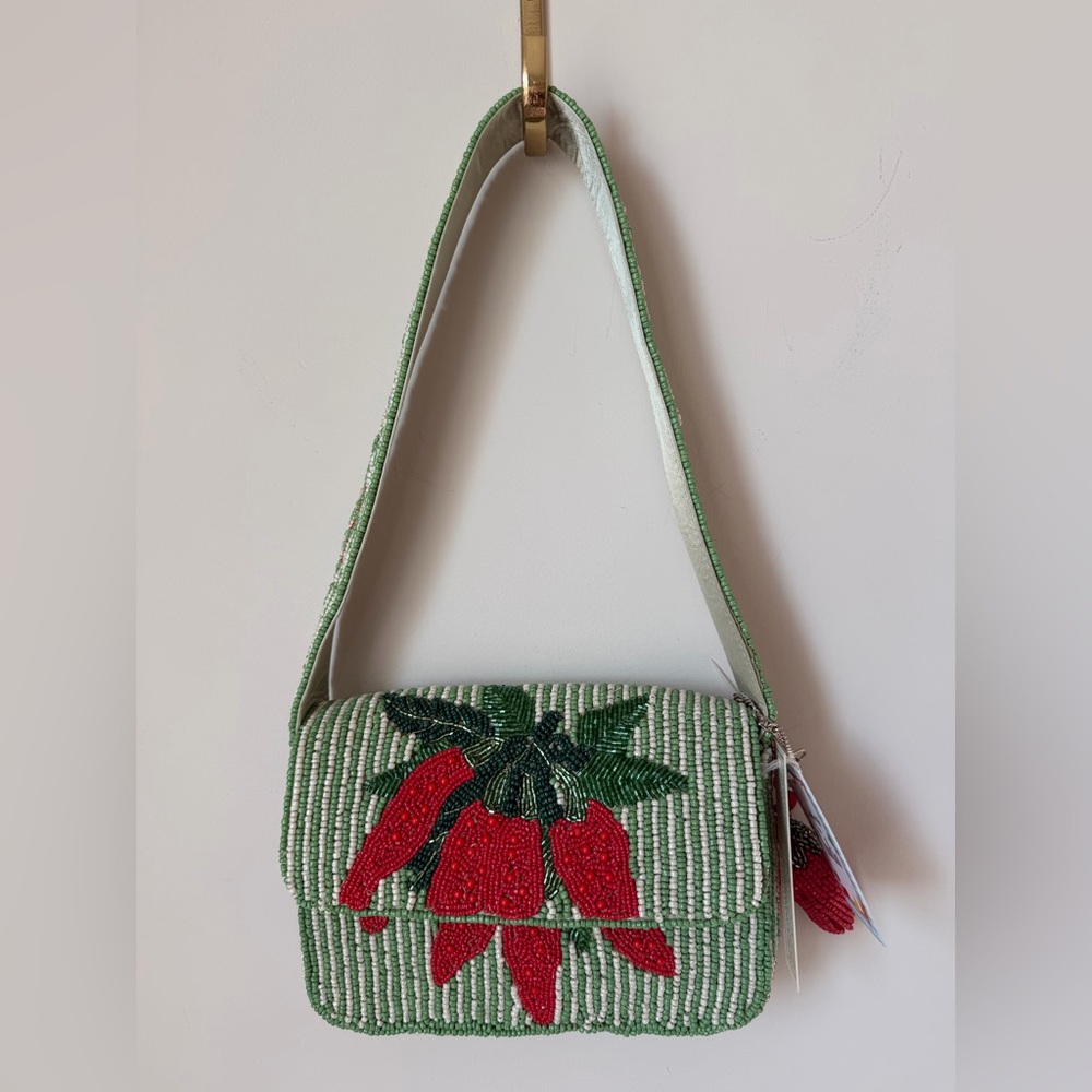 Beaded red chili peppers green striped shoulder Bag
